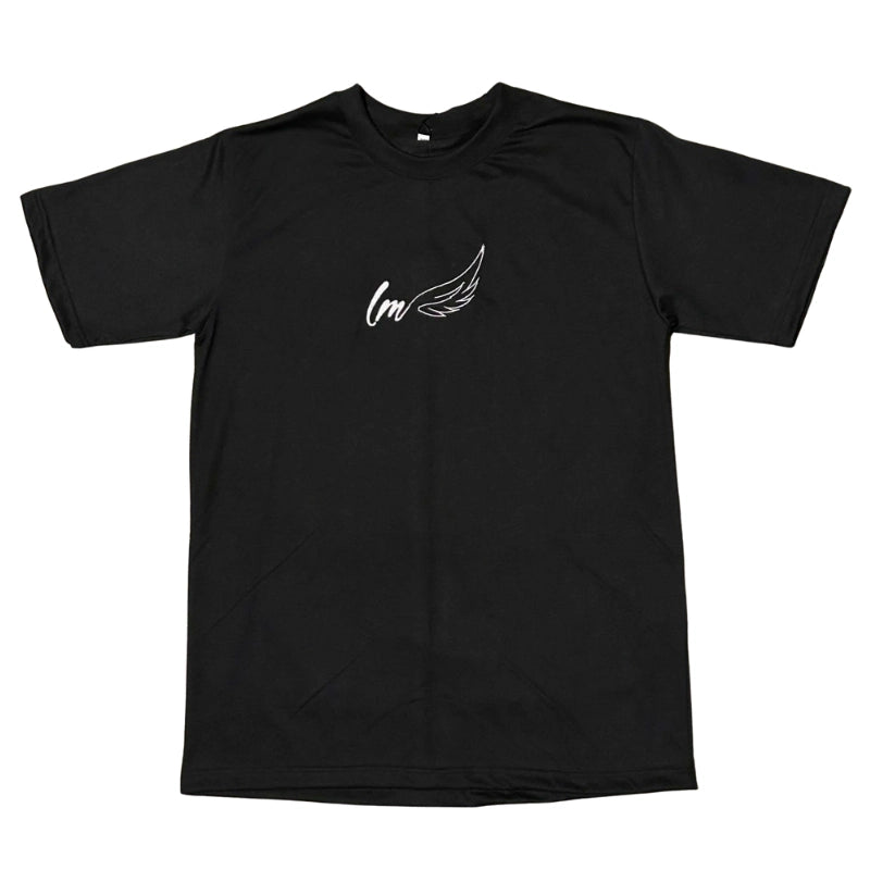 front of black leaving mayhem logo shirt
