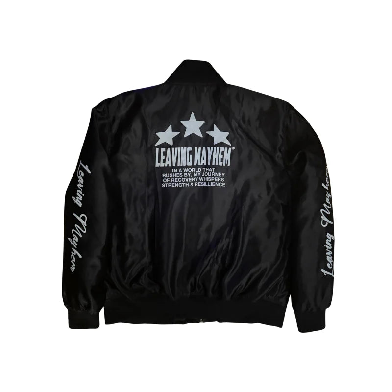 back of leaving mayhem bomber jacket