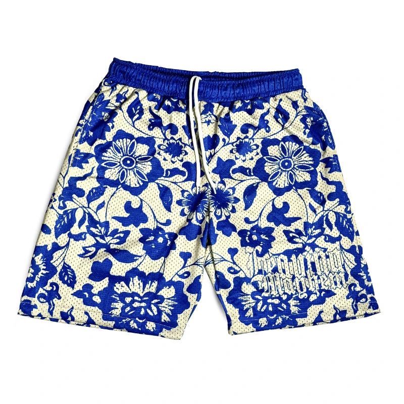 front of blue leaving mayhem mesh shorts