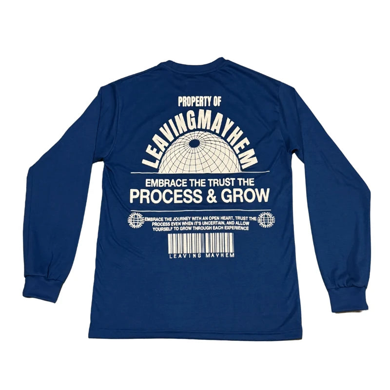 back of blue leaving mayhem long sleeve shirt