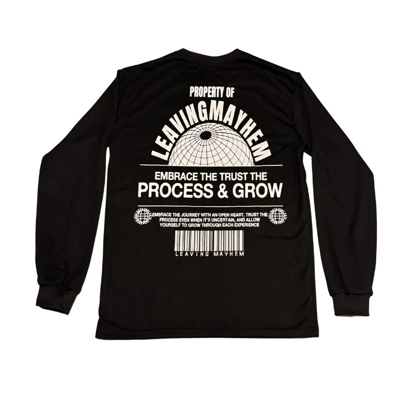 back of black leaving mayhem oversized print long sleeve shirt